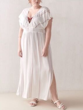 Addition Elle Plunging Maxi Swim Cover-Up Dress Size X Ivory Striped